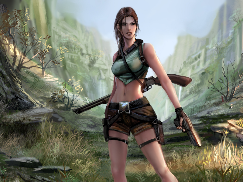 девушка, tomb raider, дробовик, lara croft, пистолет, ущелье