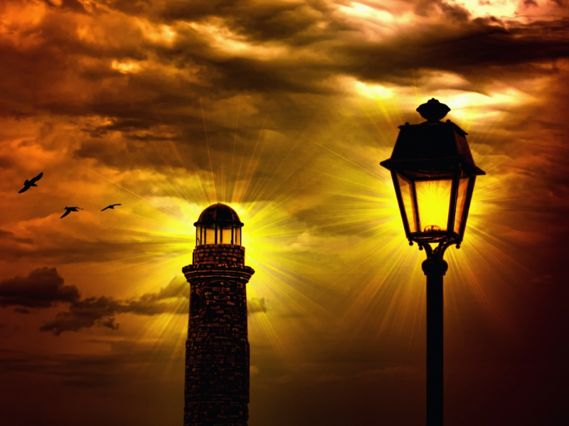маяк, фонарь, солнце, свет, закат, небо, лучи, тучи