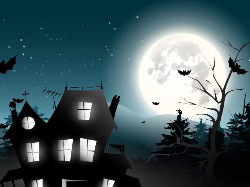 trees, bat, midnight, castle, horror, vector, full moon, holiday halloween, creepy, scary house