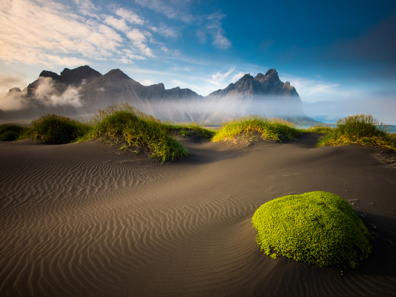 песок, море, мох, исландия, облака, пляж, горы