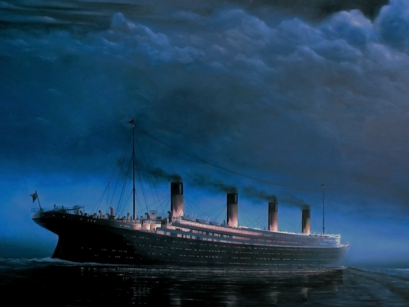 titanik, судно, ночь, титаник, лайнер, небо, море, рисунок