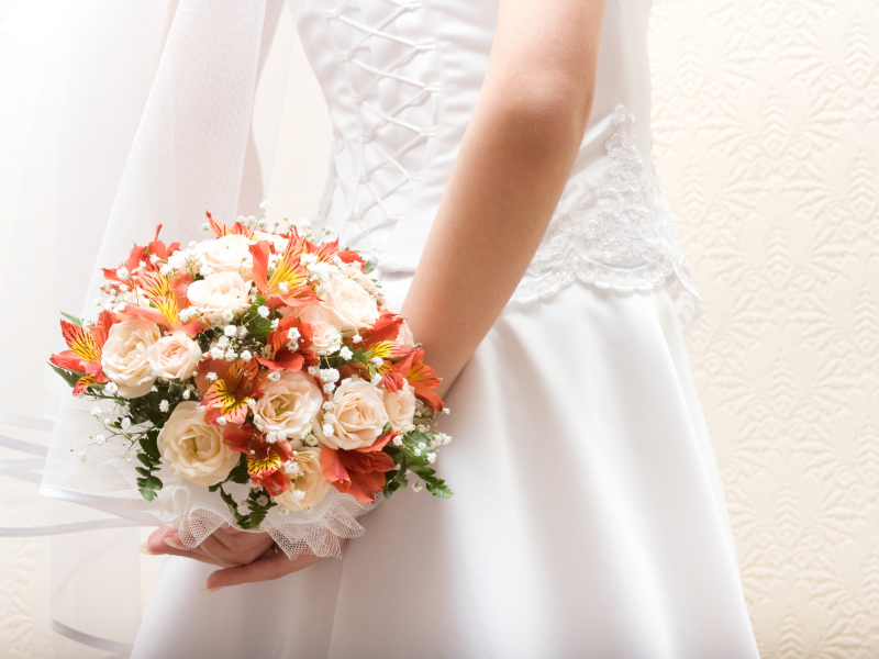 платье, невеста, букет, шнуровка, фата, цветы