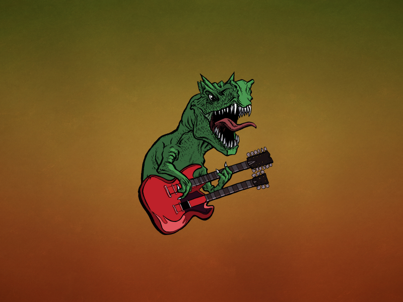 зеленый, динозавр, темноватый фон, хард, гитара