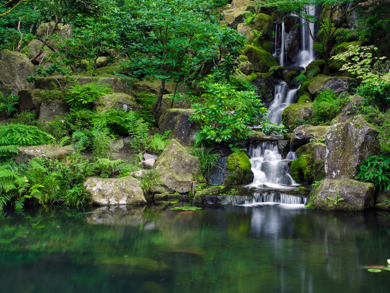 парк, камни, водоём, водопад, japanese garden