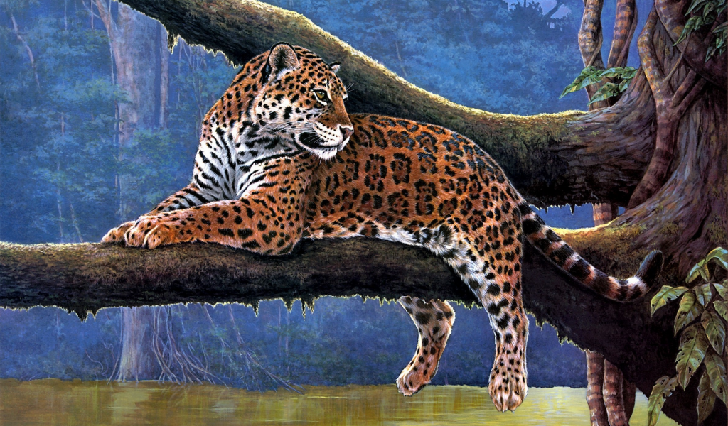 raymond reibel, живопись, jaguar, река, животные, ветка, ягуар