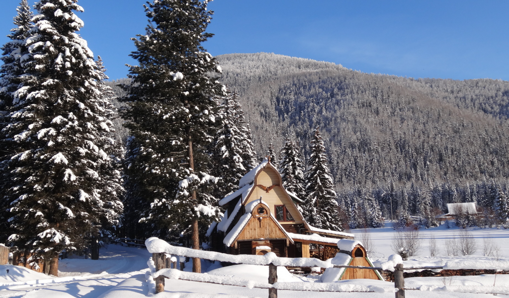 деревня в горах, снег, белый, чисто, деревья