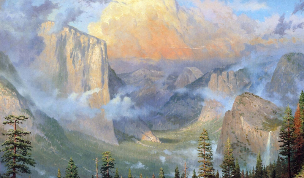 горы, yosemite valley artists point, природа, живопись, лес, thomas kinkade