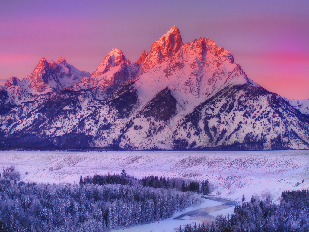 wyoming, grand teton national park, alpenglow on grand teton - snake river overlook, горы