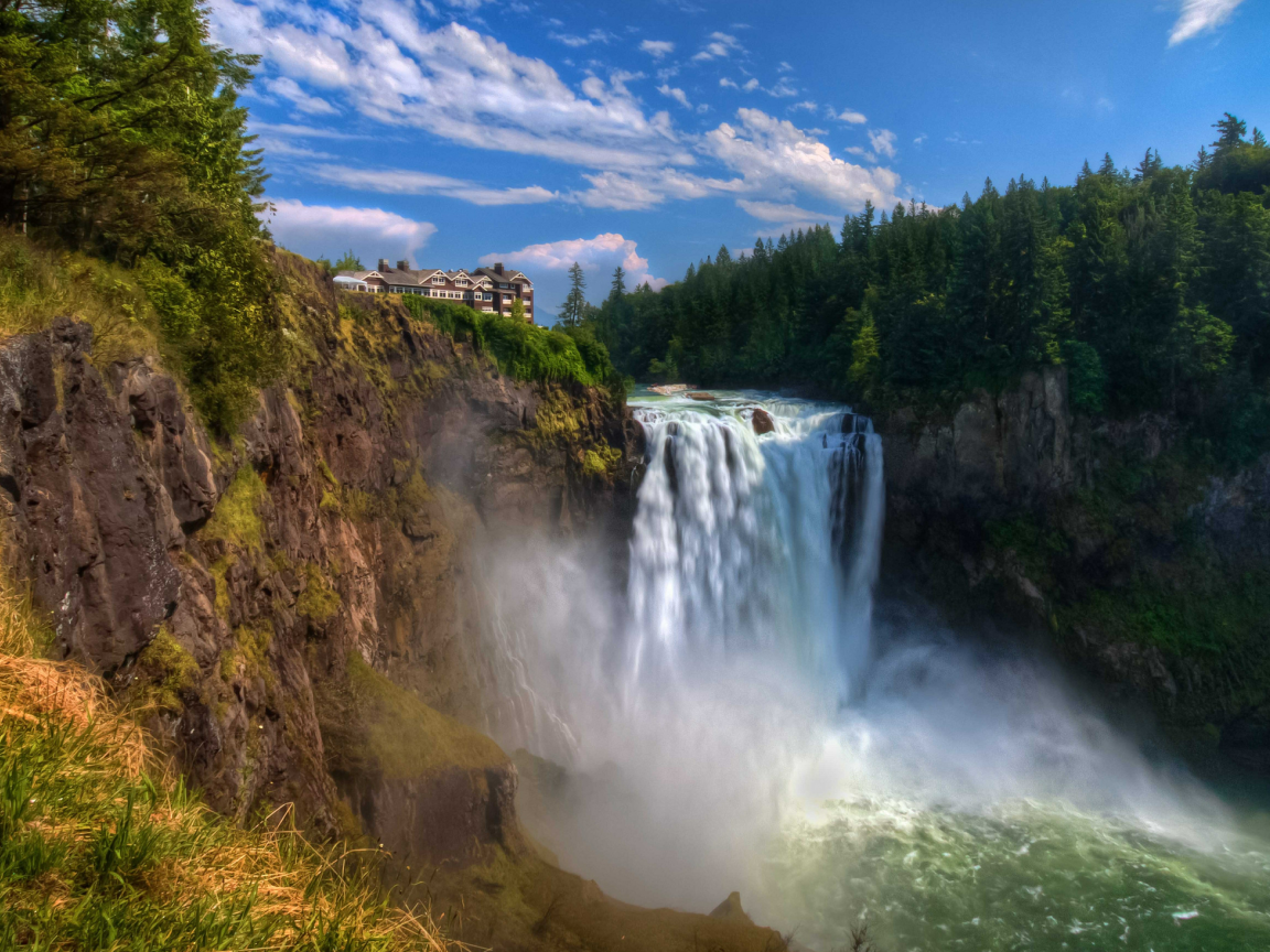 поток, обрыв, дом, водопад, snoqualmie falls