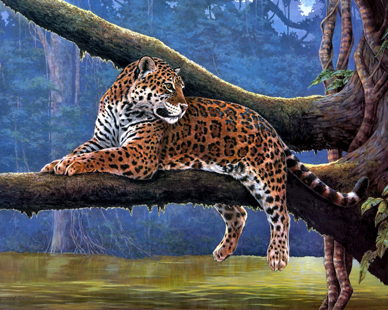 raymond reibel, живопись, jaguar, река, животные, ветка, ягуар