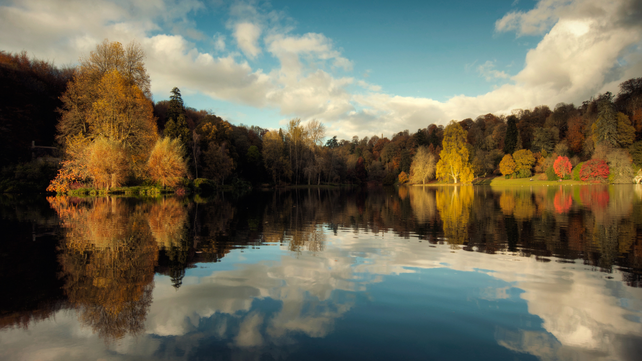 природа, небо, озеро, деревья, осень, отражения