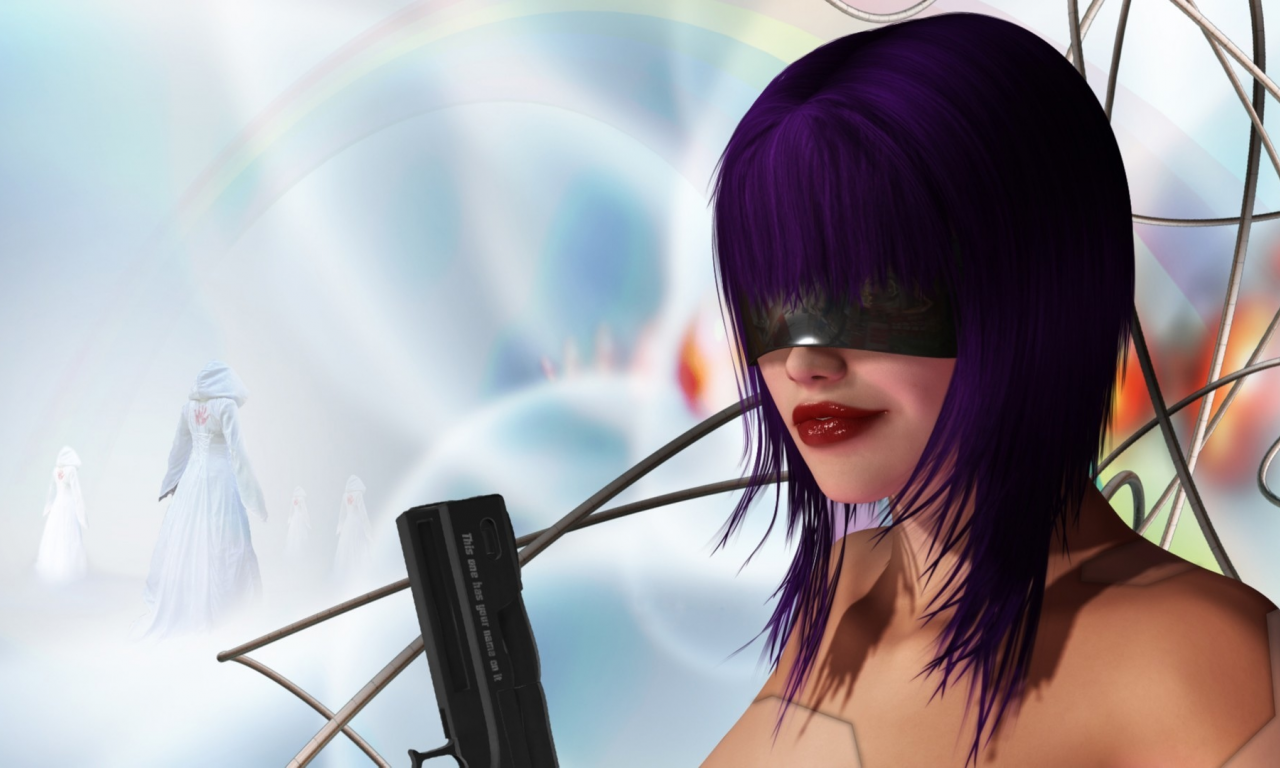 оружие, девушка, пистолет, провода, фиолетовые волосы