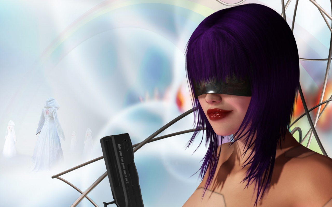 оружие, девушка, пистолет, провода, фиолетовые волосы