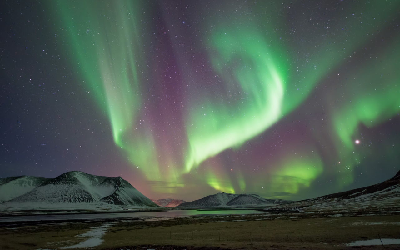 северное сияние, исландия, sn__fellsnes peninsula, ночь, горы