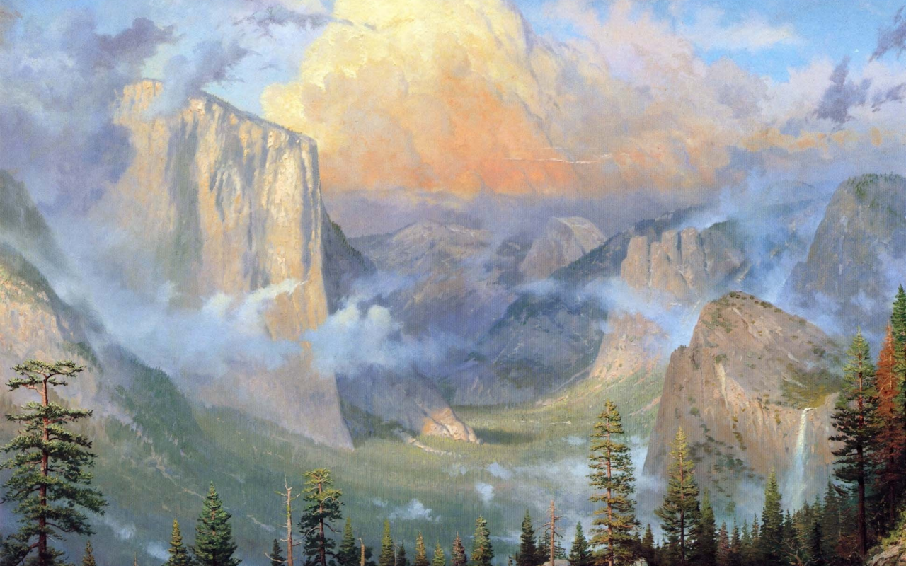 горы, yosemite valley artists point, природа, живопись, лес, thomas kinkade