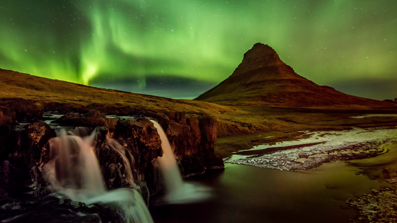 ночь, север, вулкан, исландия, северное сияние, гора