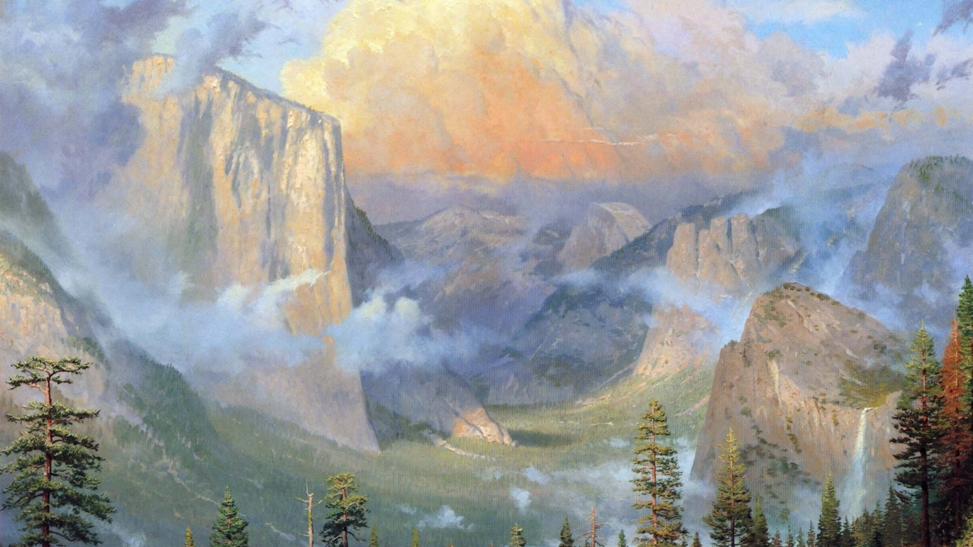 горы, yosemite valley artists point, природа, живопись, лес, thomas kinkade