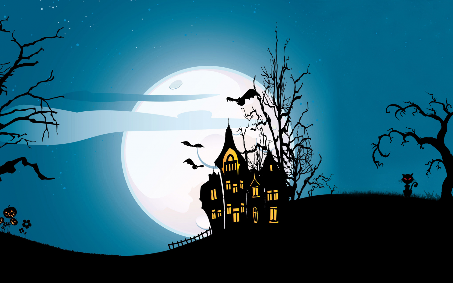 full moon, creepy, bat, holiday halloween, evil pumpkin, horror, trees, vector, scary house, castle