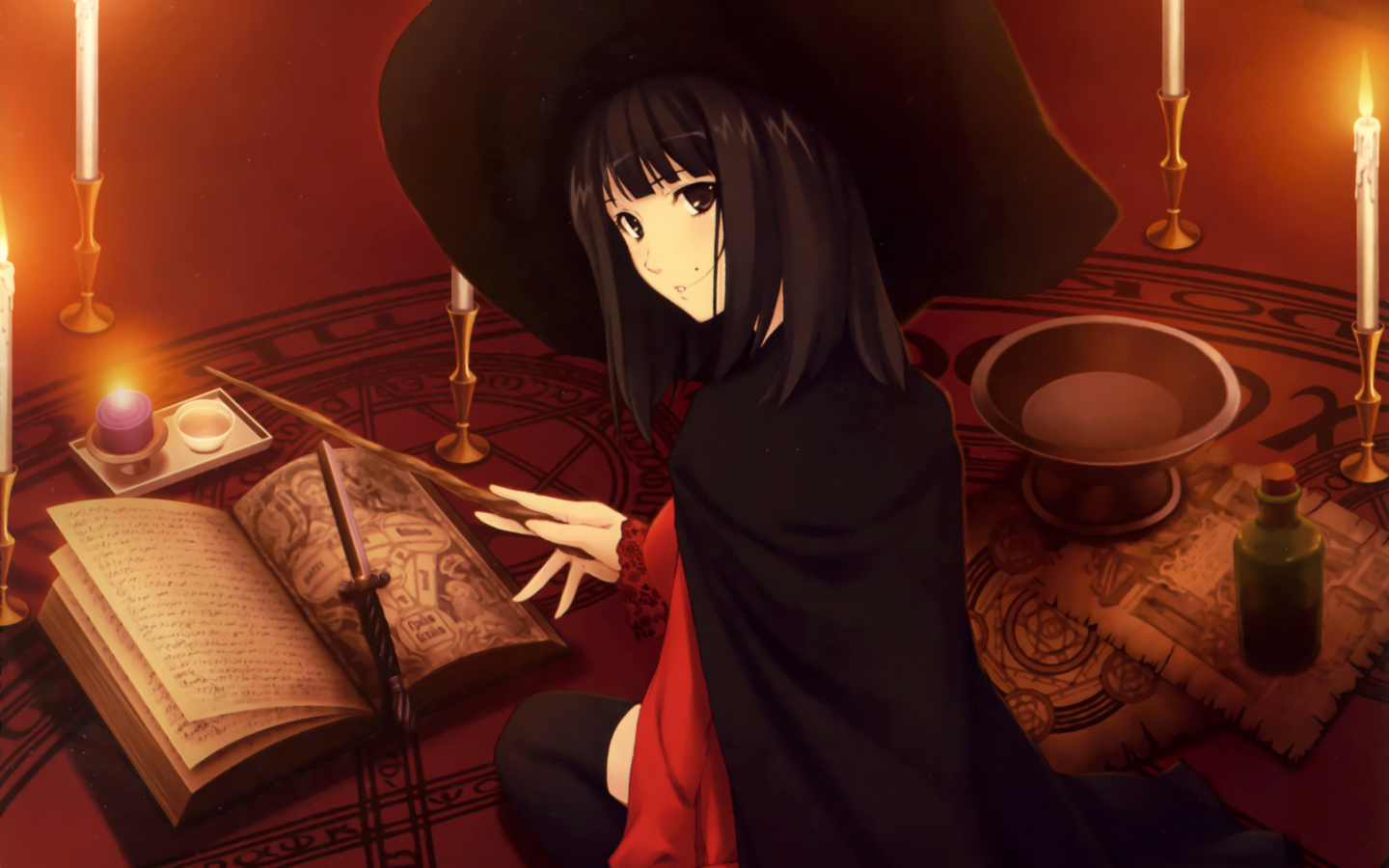 палочка, ведьма, книга, шляпа, девушка, свечи, кинжал