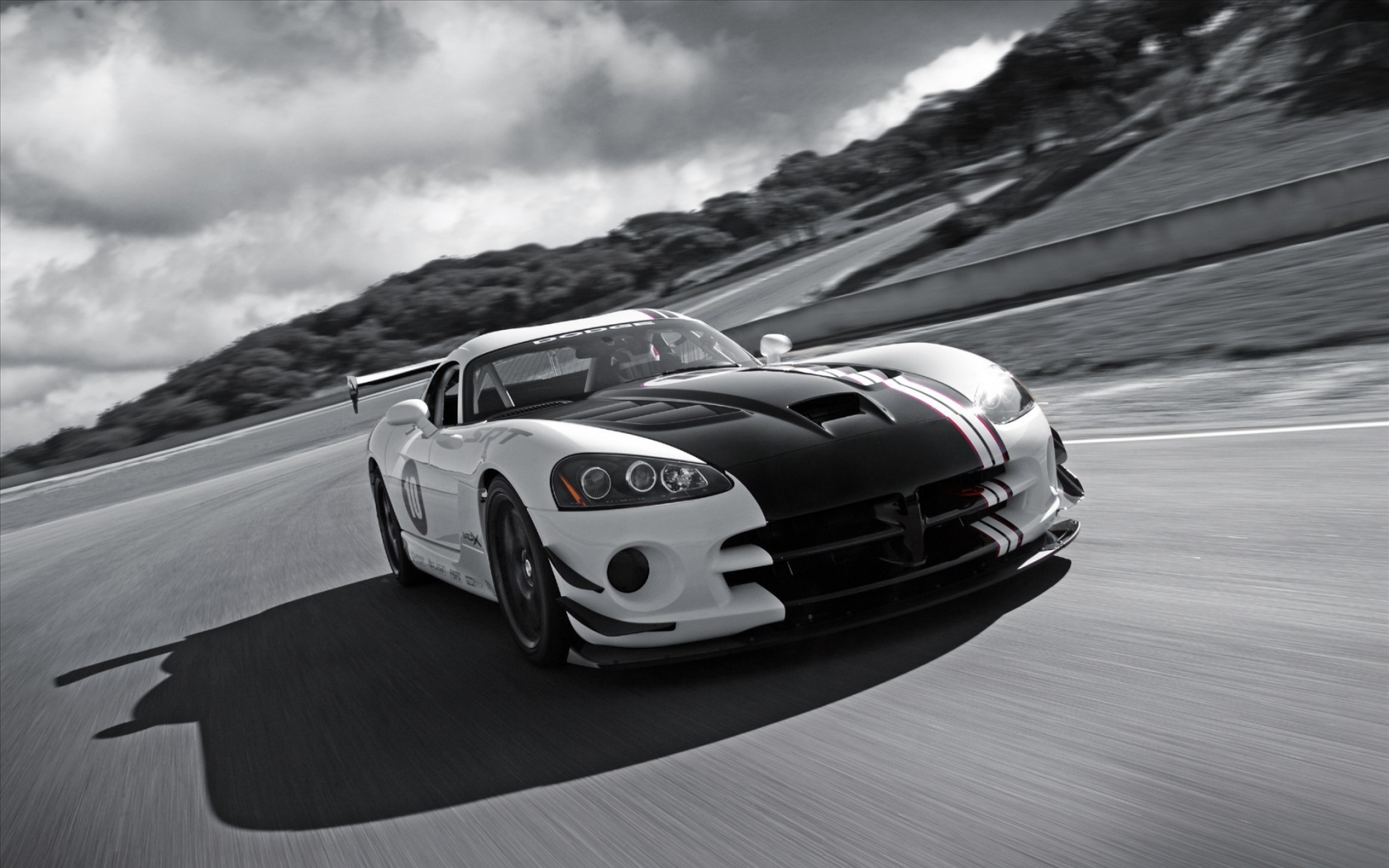 тучи, черно-белый, dodge, viper, srt10, дорога