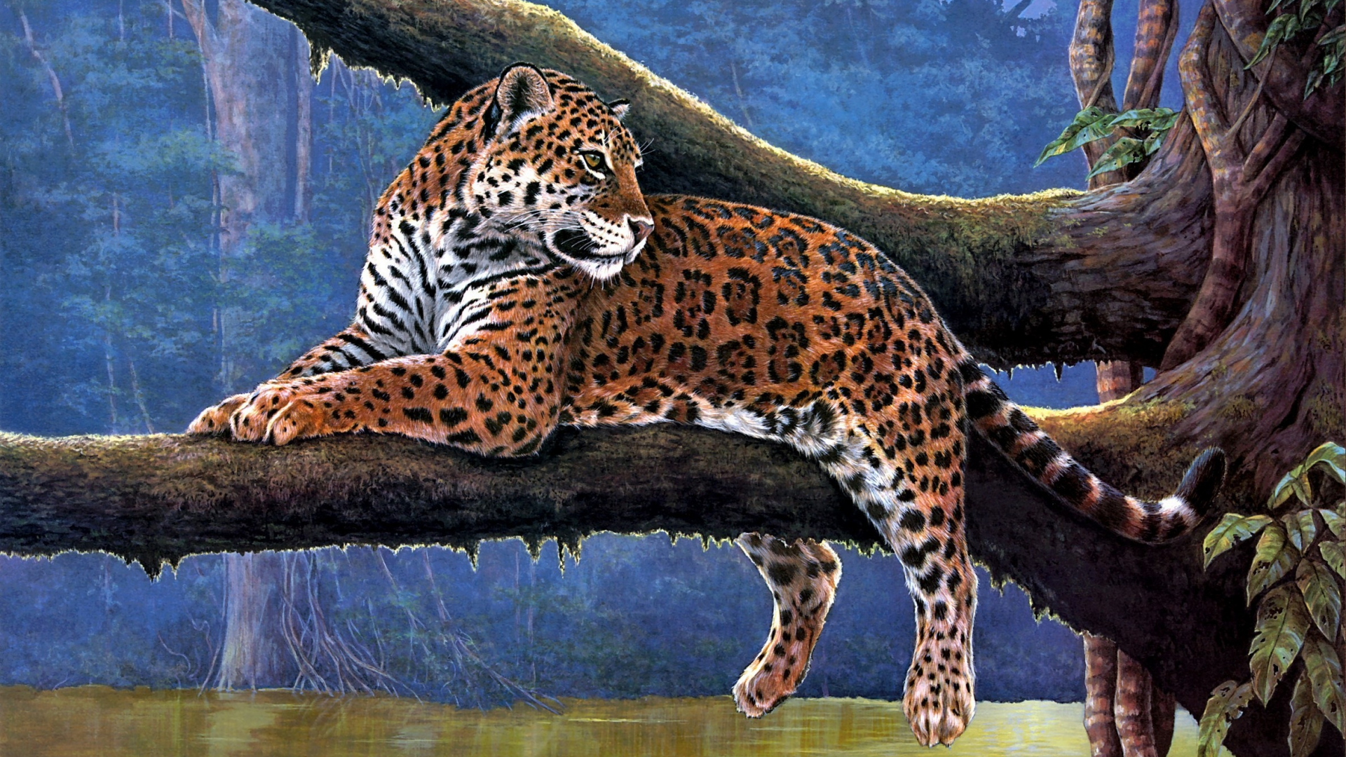 raymond reibel, живопись, jaguar, река, животные, ветка, ягуар