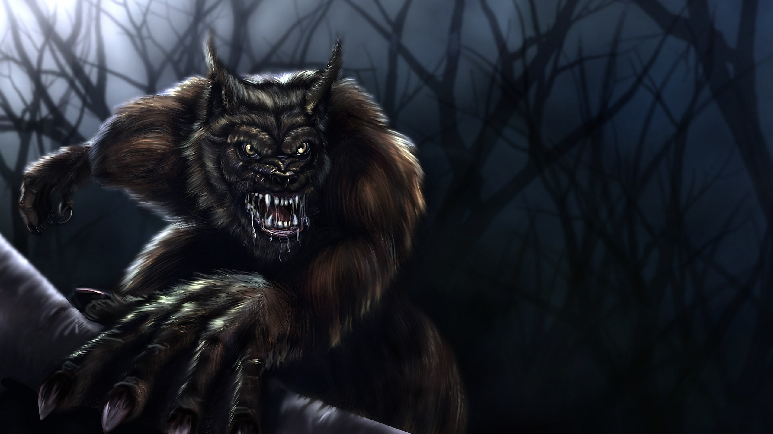 волк, ночь, оборотень, werewolf, волкодав, деревья