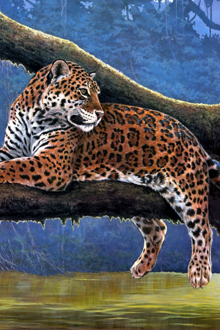 raymond reibel, живопись, jaguar, река, животные, ветка, ягуар