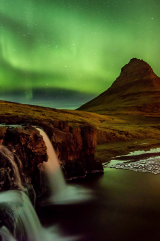 ночь, север, вулкан, исландия, северное сияние, гора