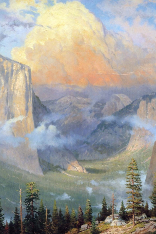 горы, yosemite valley artists point, природа, живопись, лес, thomas kinkade