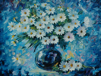 ваза, leonid afremov, ромашки, живопись, букет, цветы