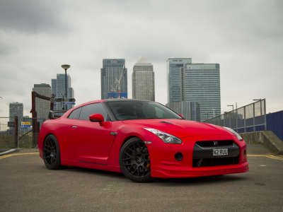 nissan, вид спереди, gtr, гтр, red, красный, r35, здания, ниссан