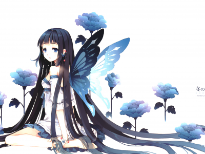 бабочка, девушка, butterfly, girl, синий, flower, blue, brunette, long hair