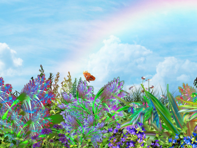 бабочки, landscape., небо, радуга, цветы, настроение, арт, nature