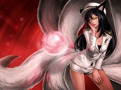 league of legends, арт, девушка, шар, сфера, магия, ahri, хвосты