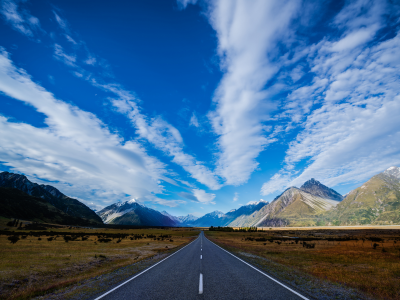 шоссе, трасса, горы, голубое, новая зеландия, дорога