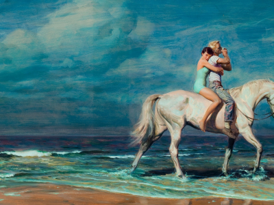 мужчина, берег, вода, tom lovell, двое, конь, женщина