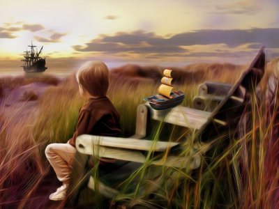 трава, корабль, ребенок, арт, море, мальчик, кресло