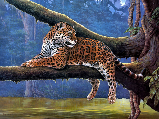 raymond reibel, живопись, jaguar, река, животные, ветка, ягуар