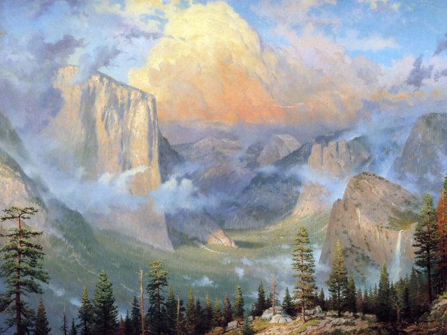 горы, yosemite valley artists point, природа, живопись, лес, thomas kinkade