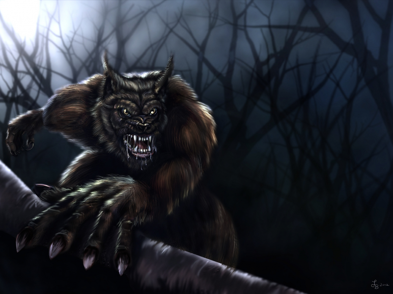 волк, ночь, оборотень, werewolf, волкодав, деревья