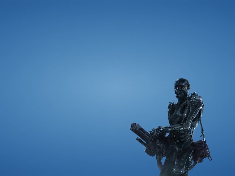 терминатор, робот, оружие, terminator, скелет, синий фон