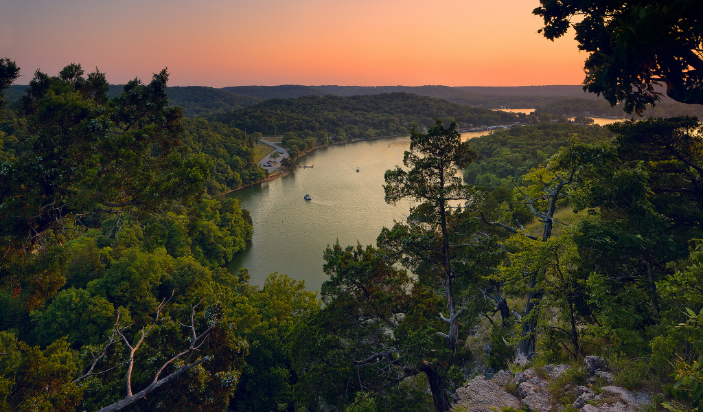 лес, закат, природа, деревья, lake of the ozarks, озеро, панорама