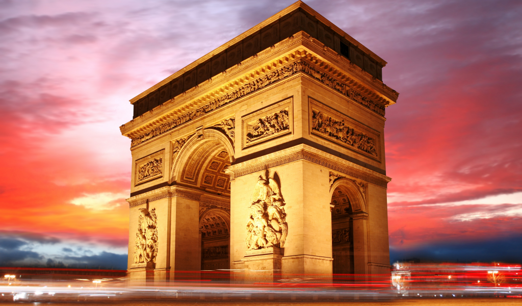 франция, триумфальная арка, париж, вечер, arc de triomphe, небо