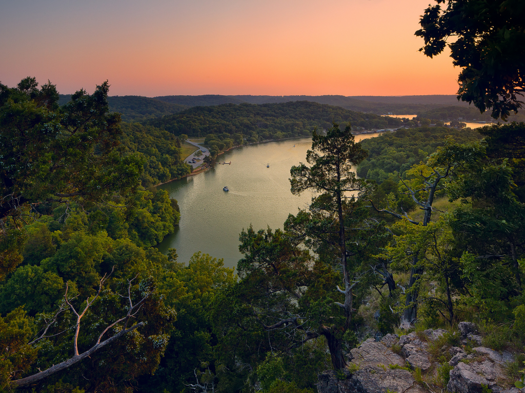 лес, закат, природа, деревья, lake of the ozarks, озеро, панорама