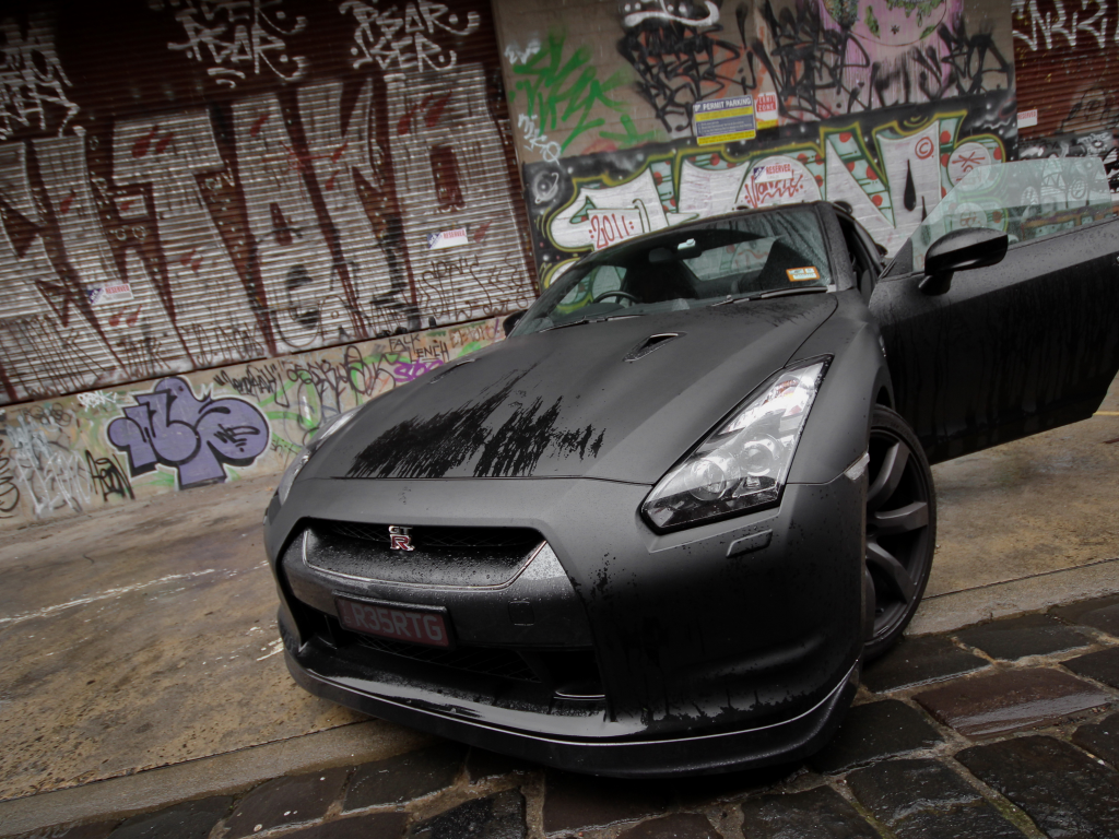 black, nissan, передок, gt-r, мокрая, граффити