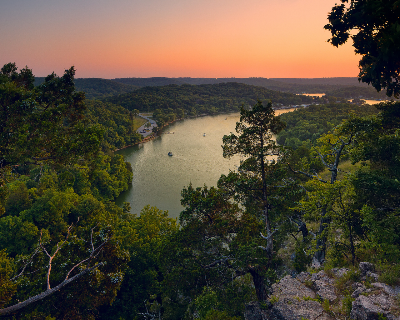 лес, закат, природа, деревья, lake of the ozarks, озеро, панорама