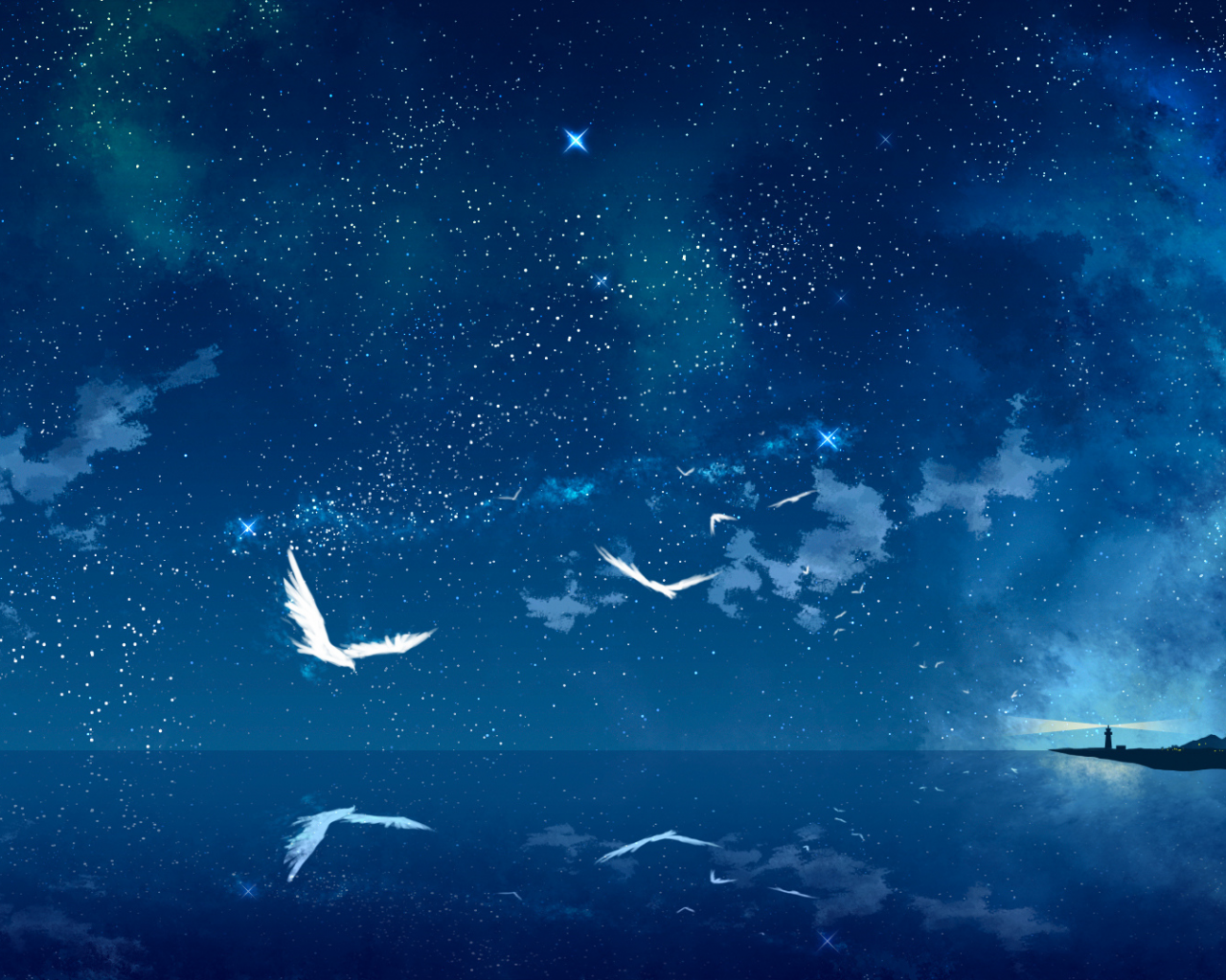 арт, море, звездное небо, маяк, птицы, ночь, tokumu kyuu