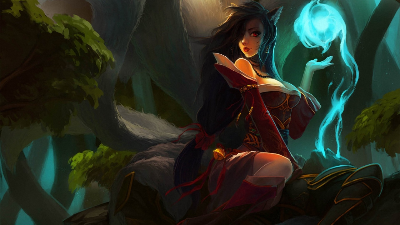 хвосты, девушка, ahri, арт, league of legends, lol, уши, магия, kan liu