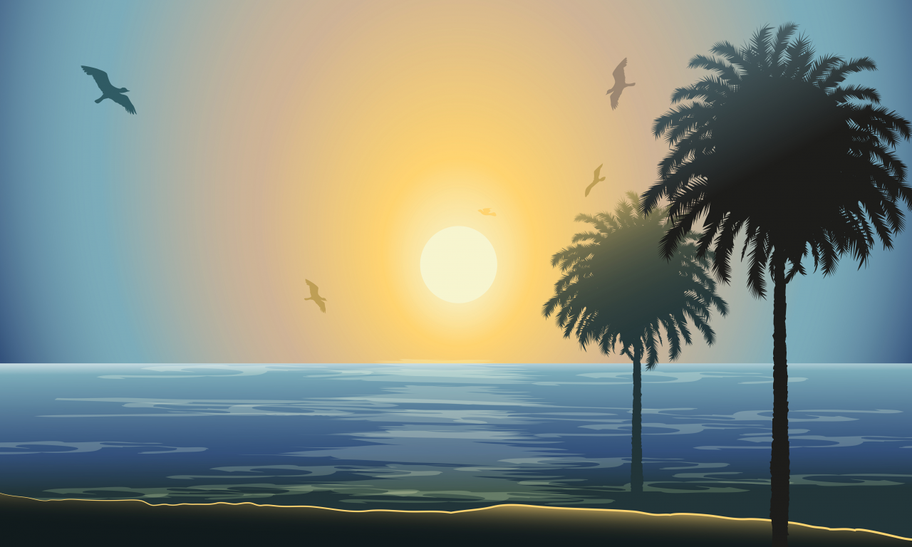 пальмы, море, закат, чайки, солнце