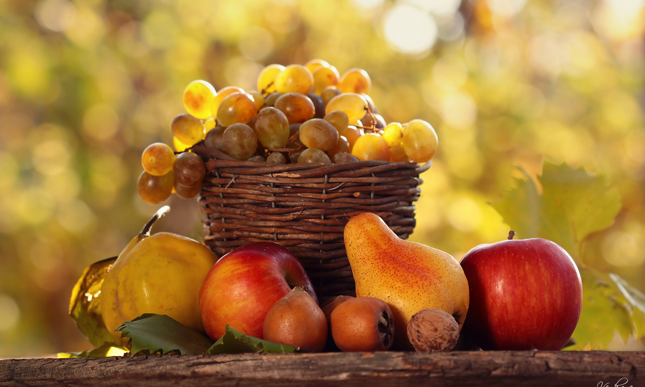 осень, свет, природы, корзина, дары, фрукты, стол, еда